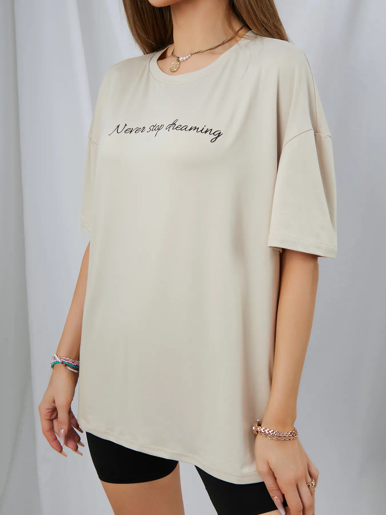 Elengatine Gentle Apricot Letter Graphic Drop Shoulder Tee