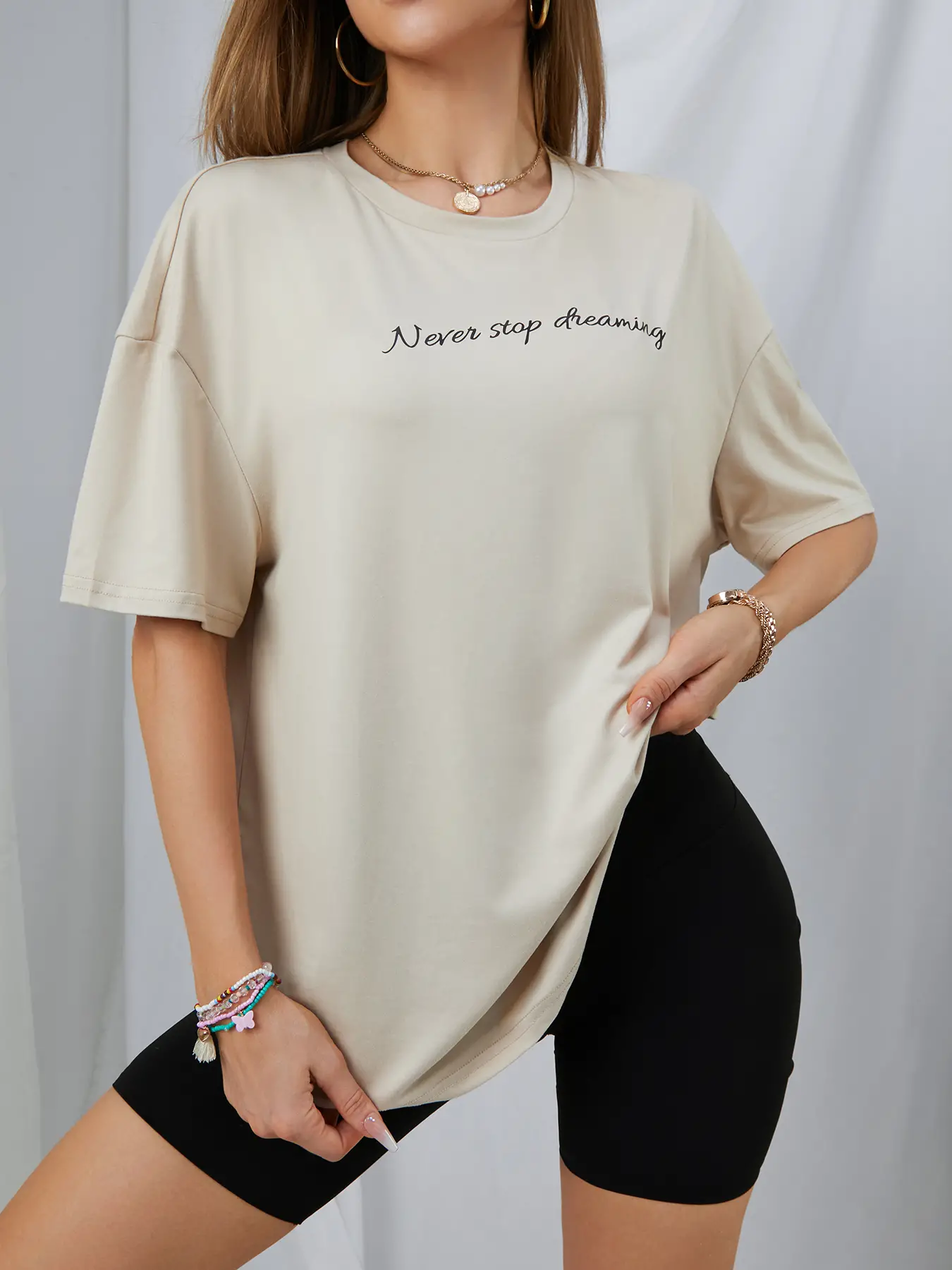Elengatine Gentle Apricot Letter Graphic Drop Shoulder Tee