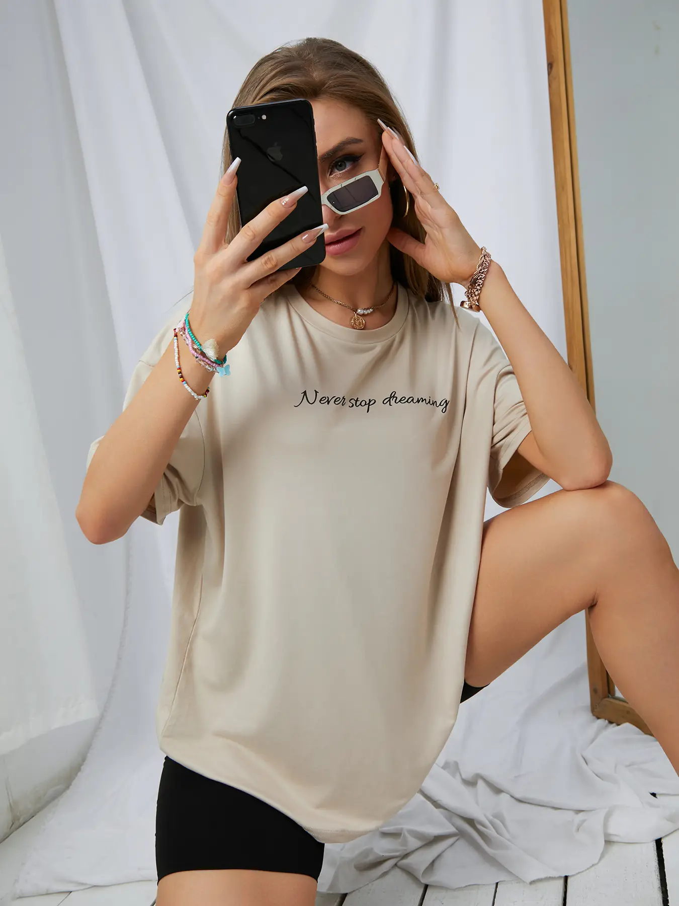 Elengatine Gentle Apricot Letter Graphic Drop Shoulder Tee