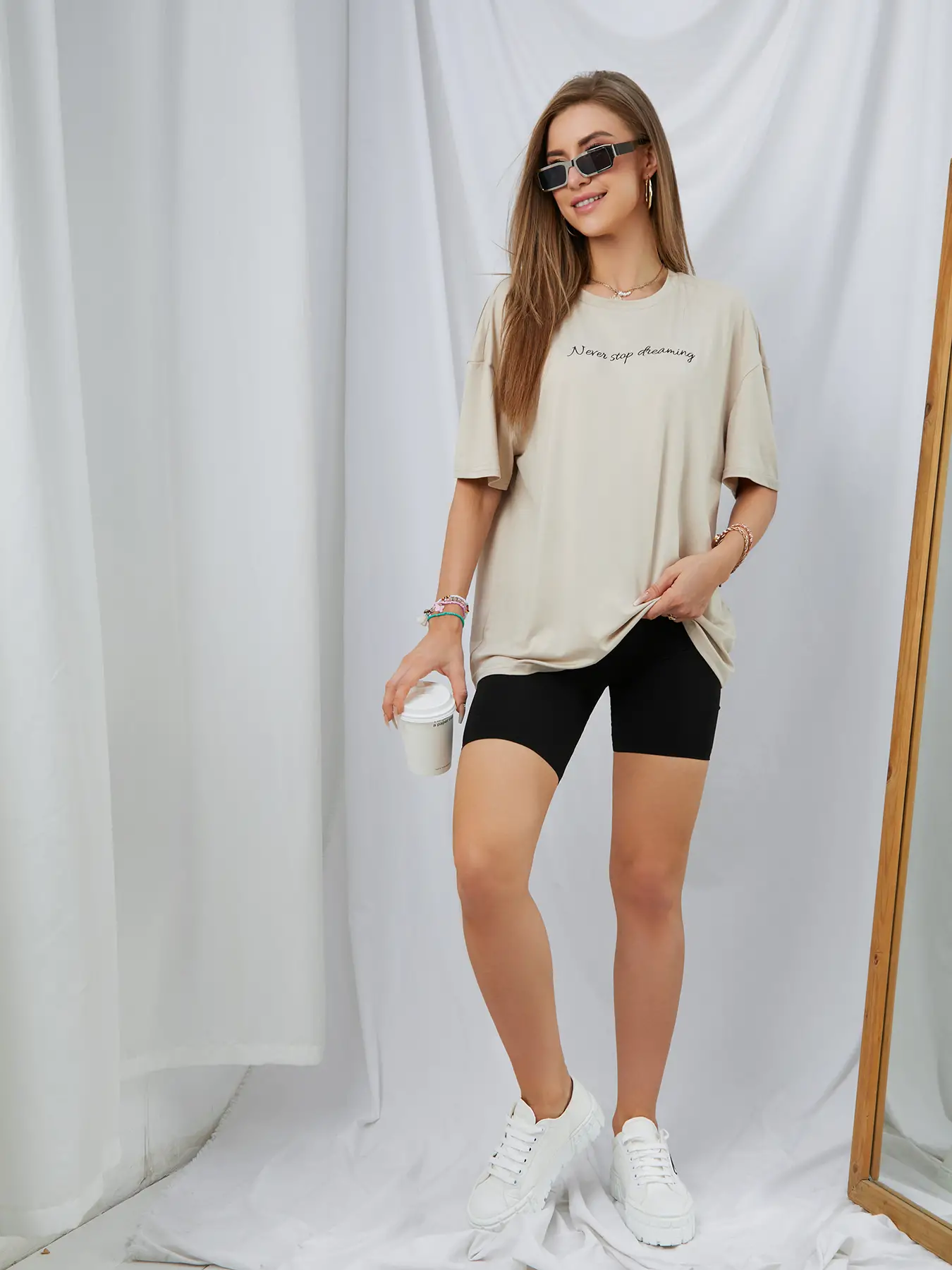 Elengatine Gentle Apricot Letter Graphic Drop Shoulder Tee