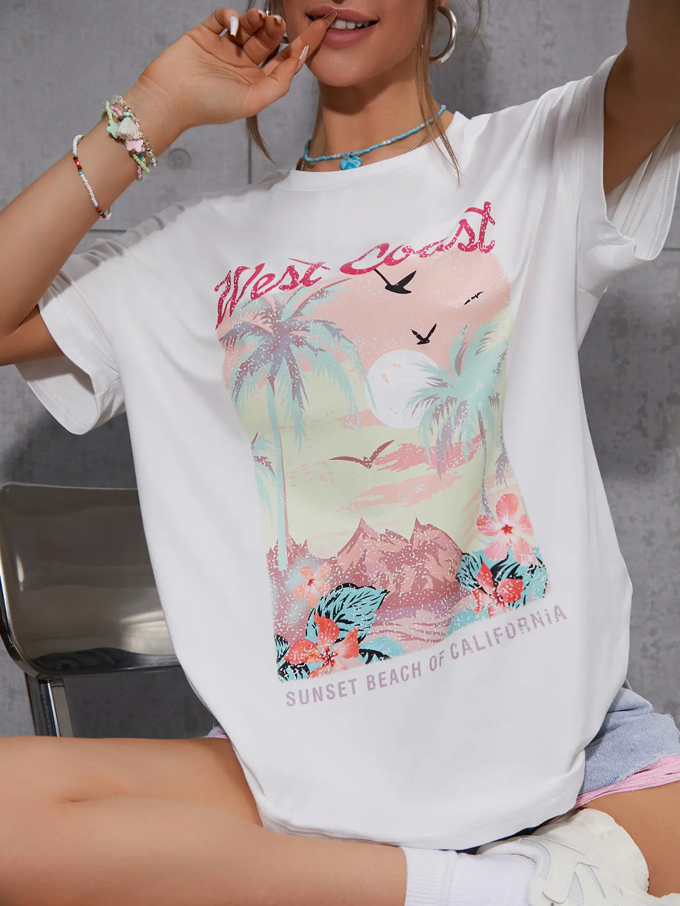 Elengatine Sunset Beach Letter Graphic Drop Shoulder Tee