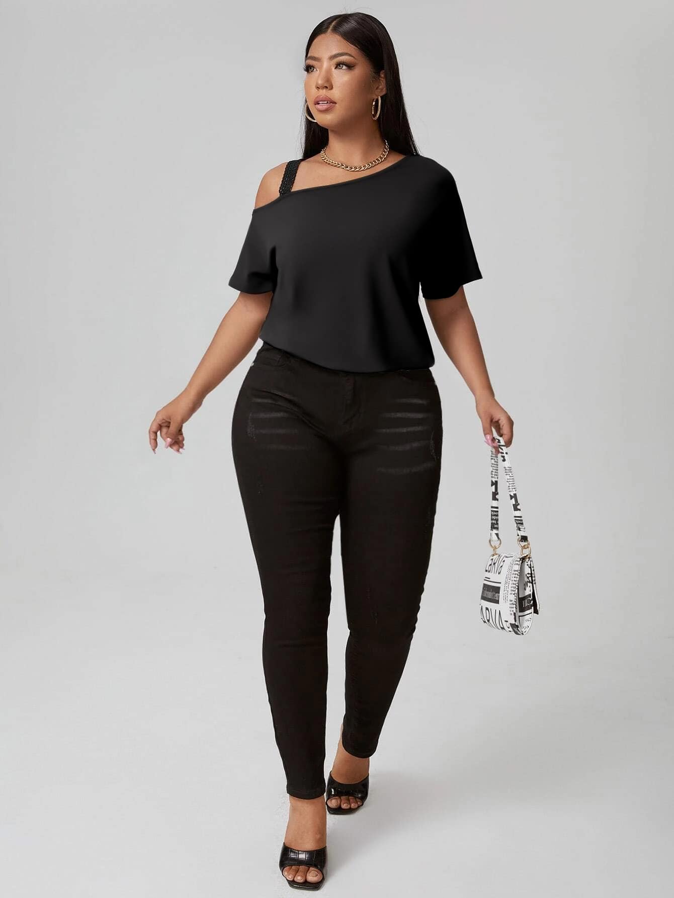 Elengatine Plus Size Off Shoulder Causal Black T-Shirt