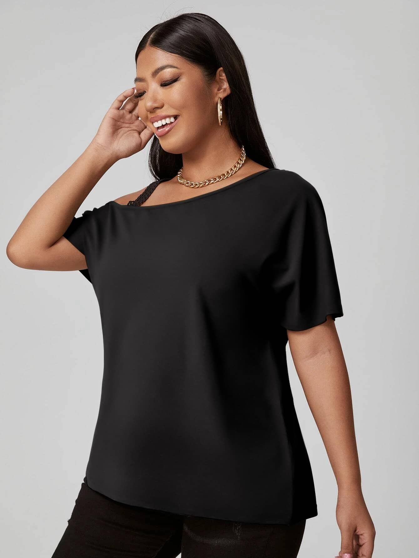 Elengatine Plus Size Off Shoulder Causal Black T-Shirt