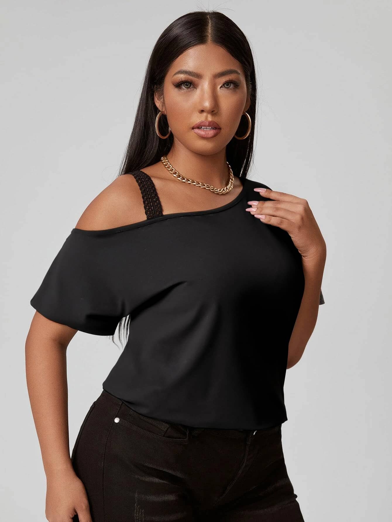 Elengatine Plus Size Off Shoulder Causal Black T-Shirt