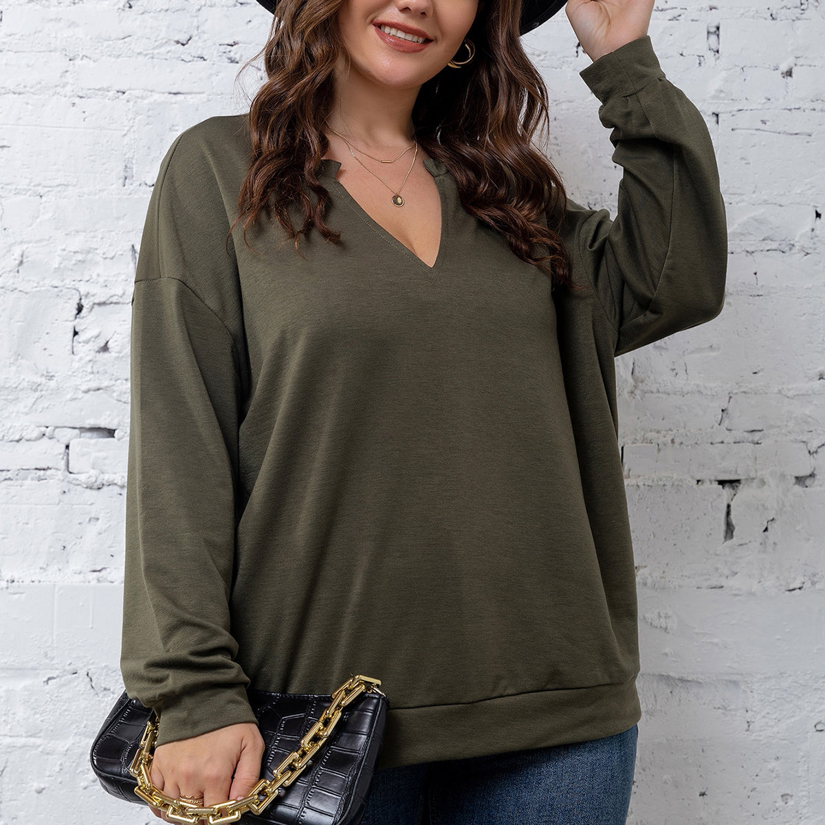 Elengatine Plus Solid V Neck Drop Shoulder Top