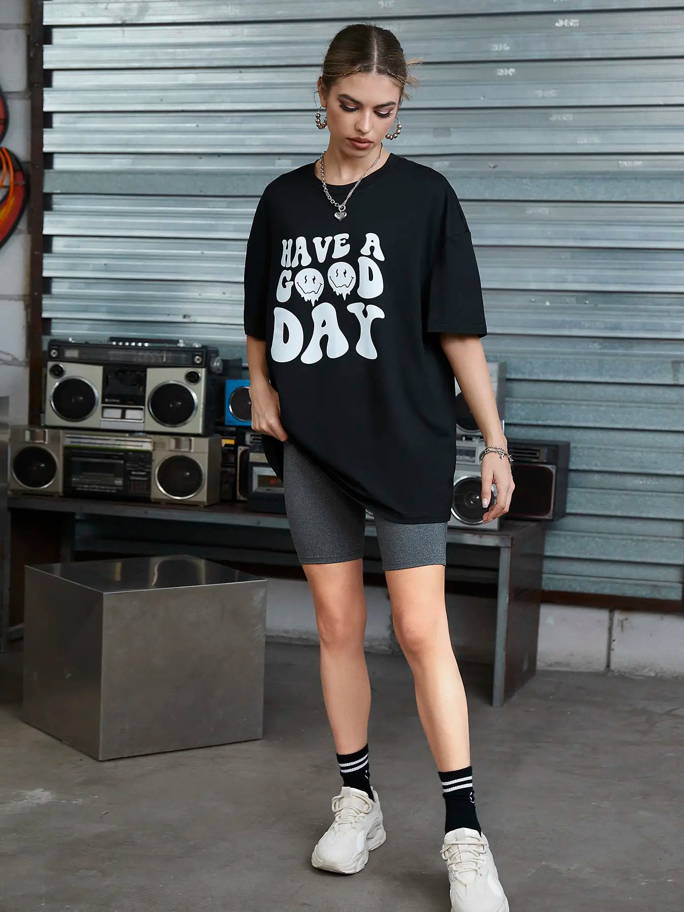 Elengatine Letters Graphic Printing Drop Shoulder Tee Fashion