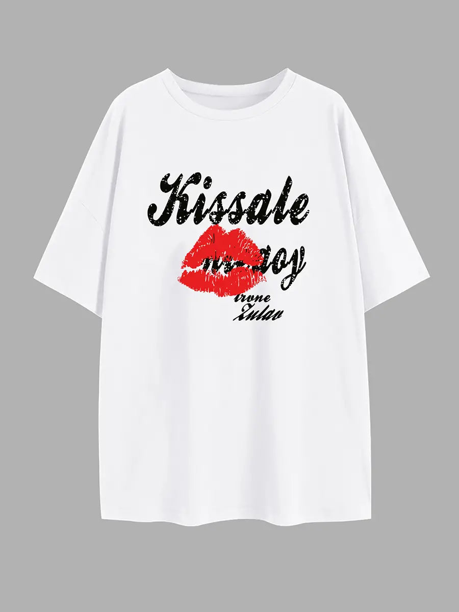 Elengatine Lips & Letter Graphic Printing Drop Shoulder Tee