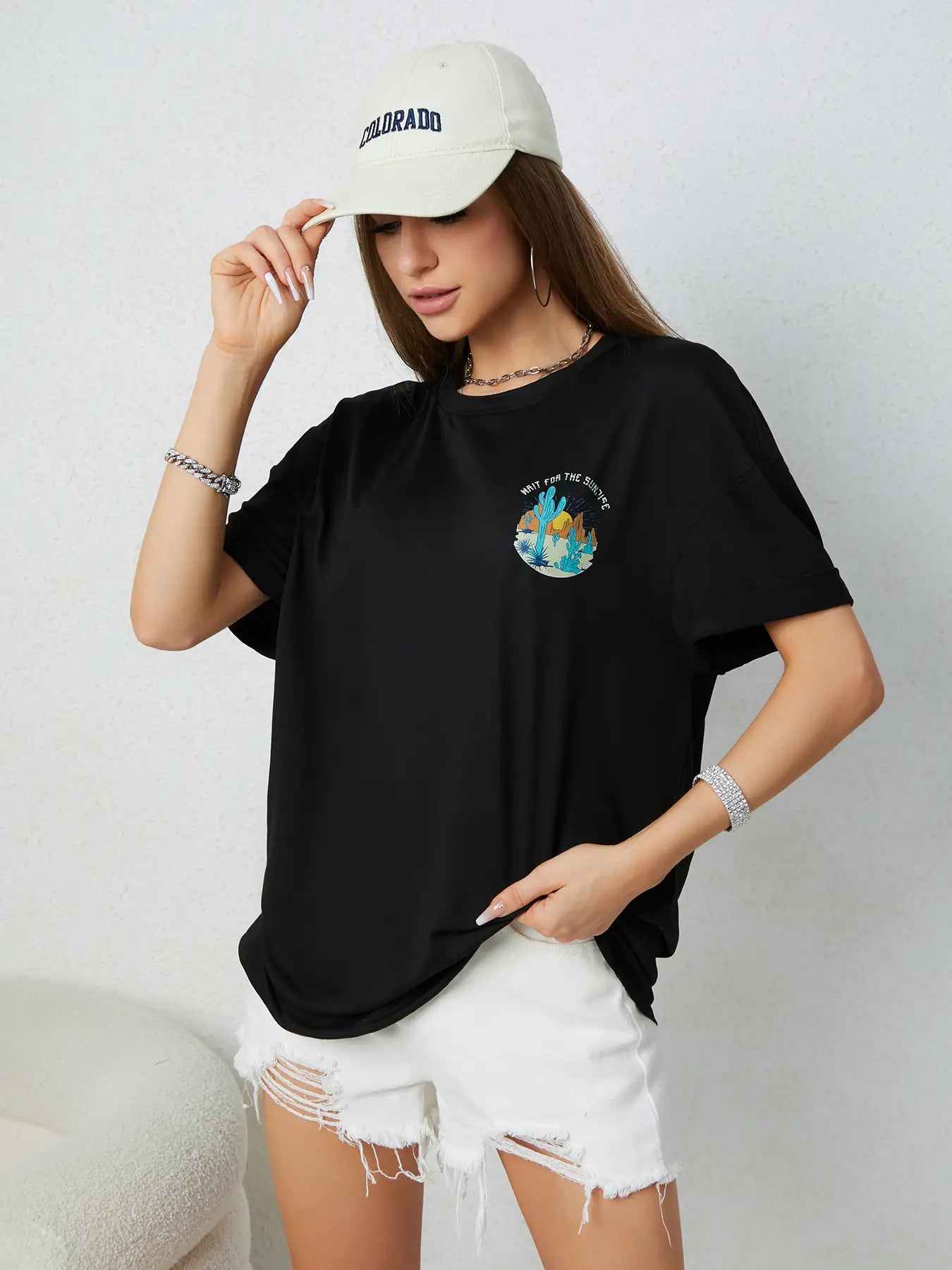 Elengatine Cactus & Letters Printing Oversized Drop Shoulder Tee