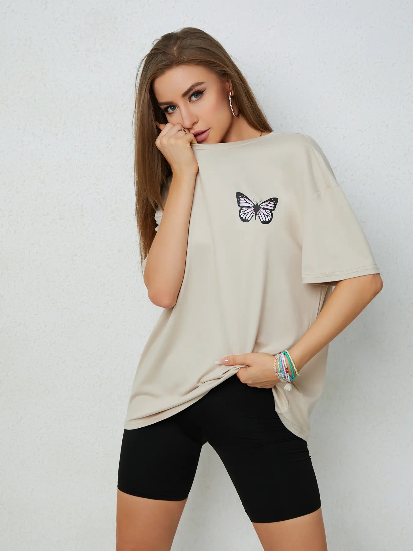 Elengatine Butterfly Printing Causal Drop Shoulder Tee