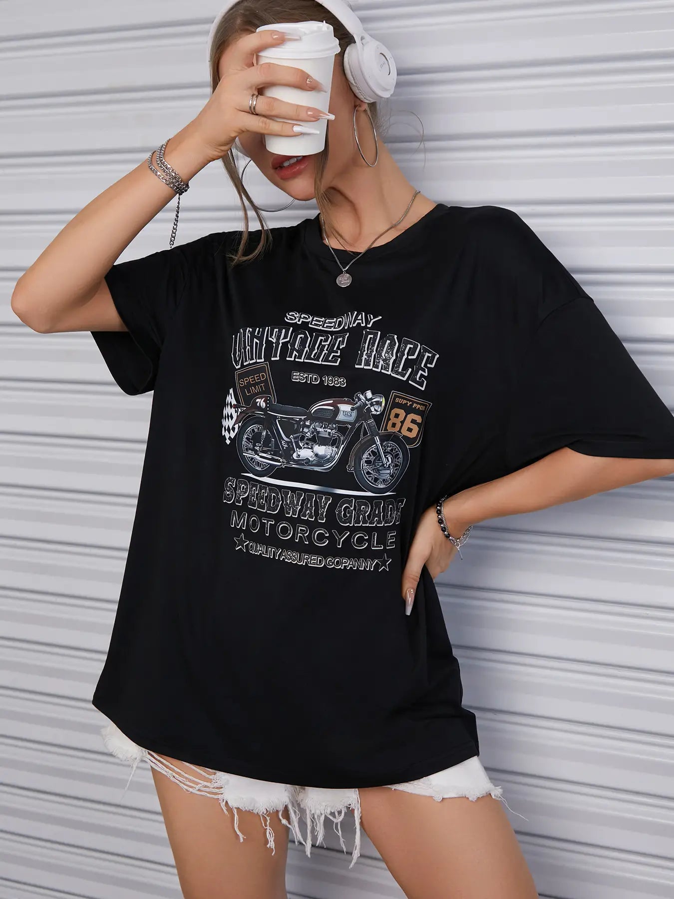 Elengatine Motor & Letters Graphic Printing Drop Shoulder Tee