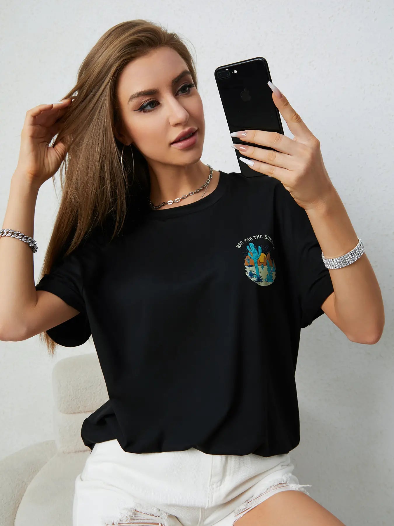 Elengatine Cactus & Letters Printing Oversized Drop Shoulder Tee