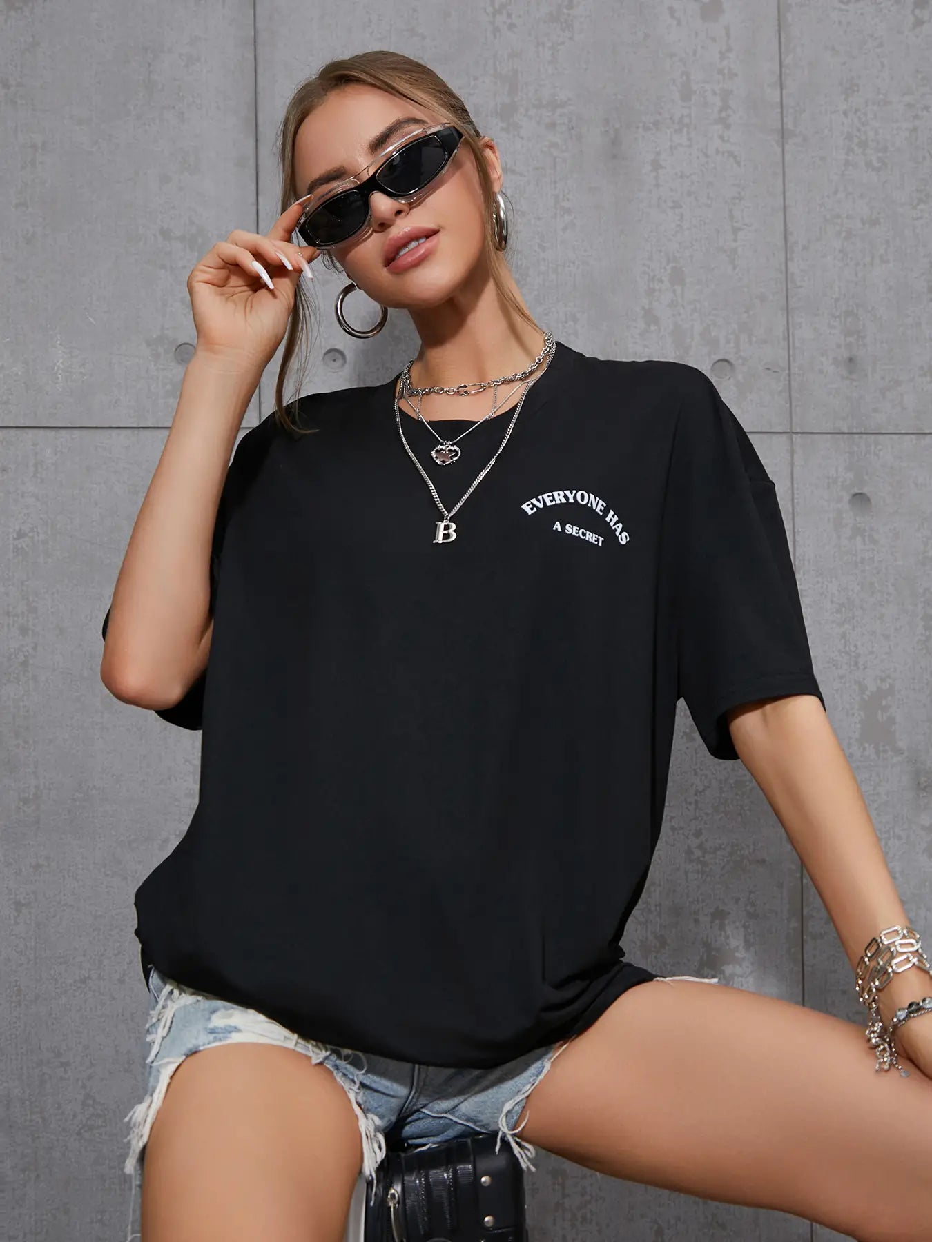 Elengatine Letters Printing Oversized Drop Shoulder Tee