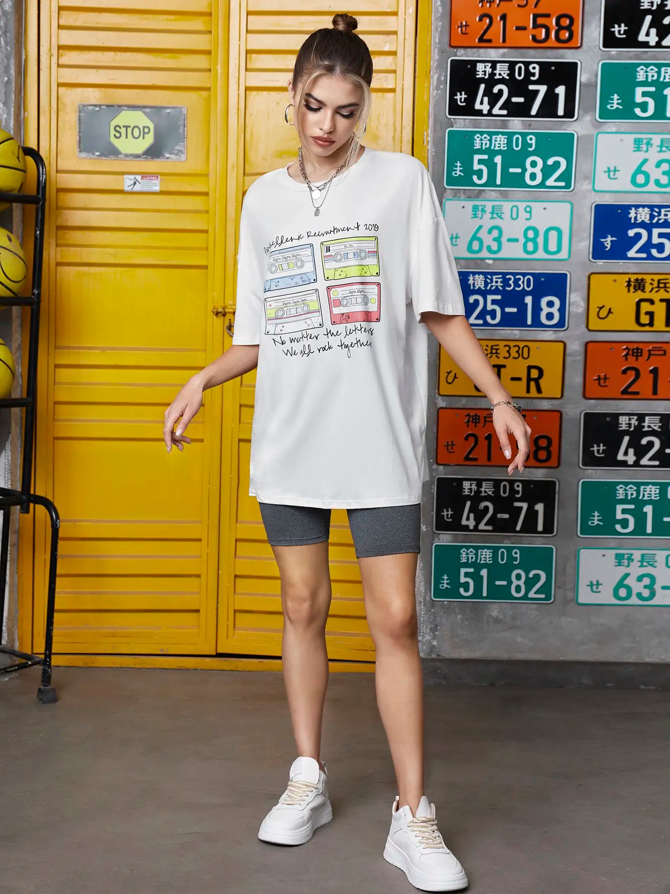 Elengatine Tape & Letter Graphic Printing Drop Shoulder Tee