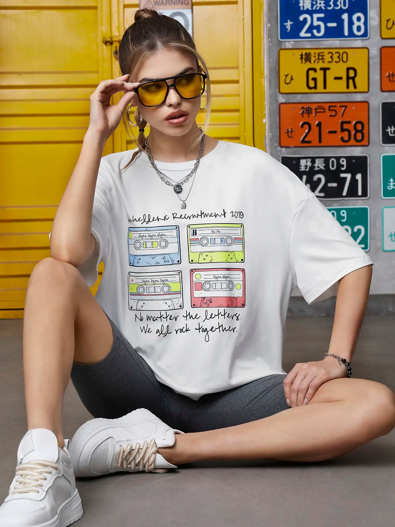 Elengatine Tape & Letter Graphic Printing Drop Shoulder Tee