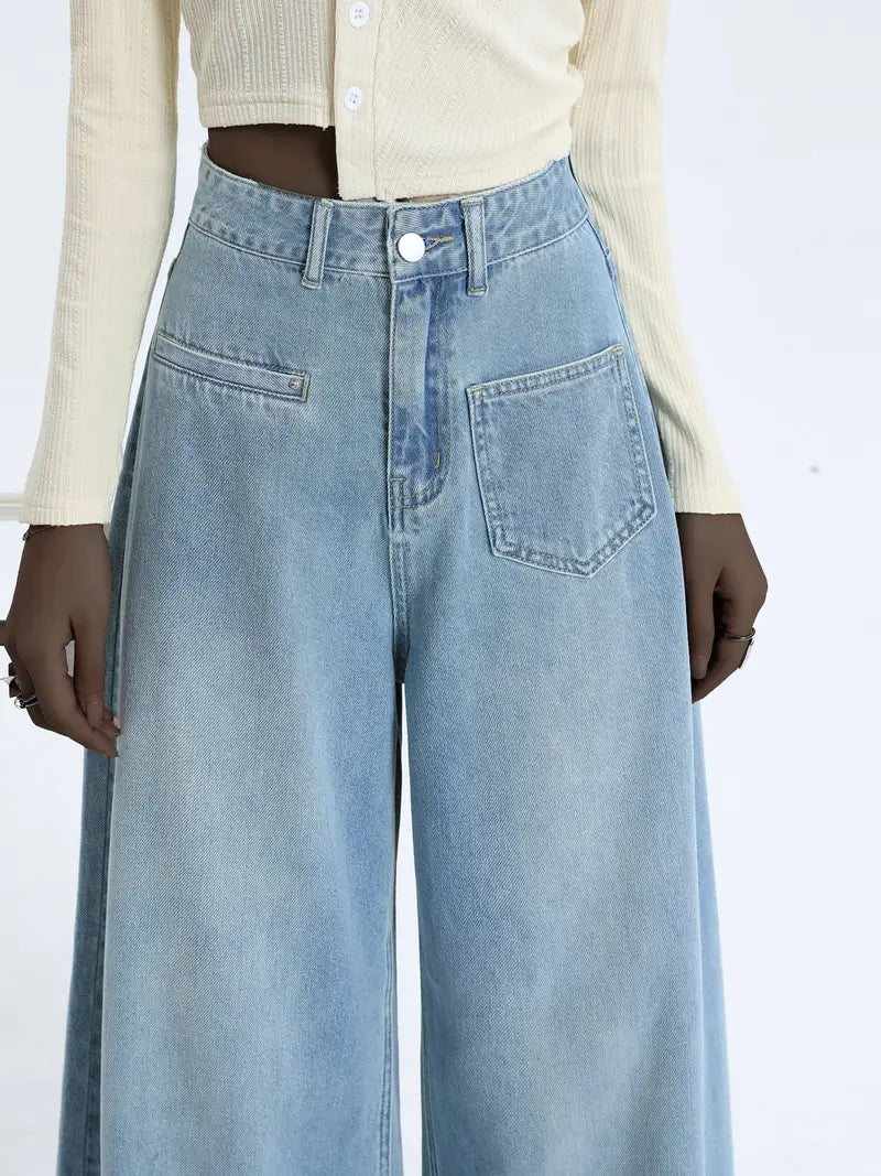 Elengatine Causal Blue Wide Leg Jeans for Women BXD0041