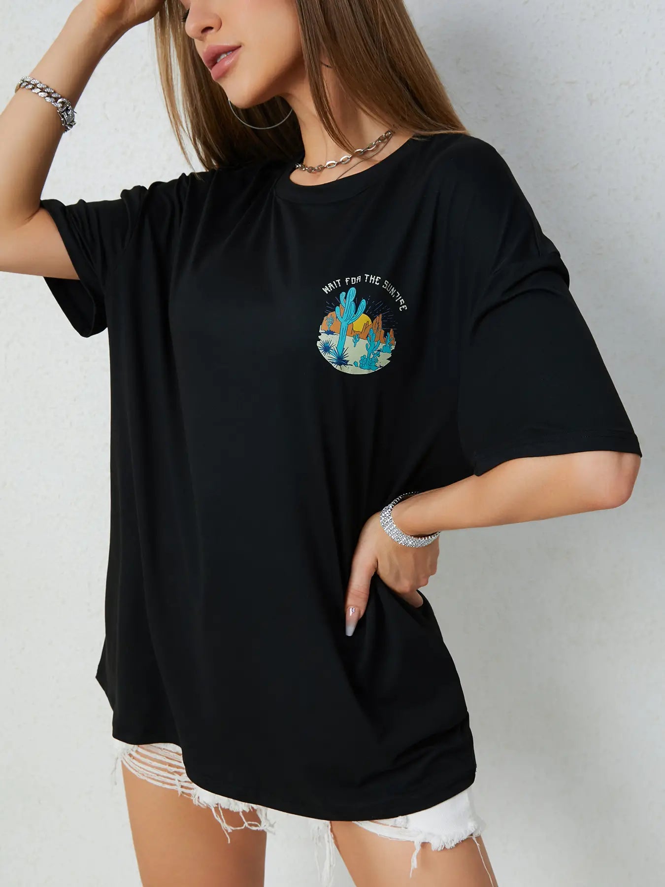 Elengatine Cactus & Letters Printing Oversized Drop Shoulder Tee