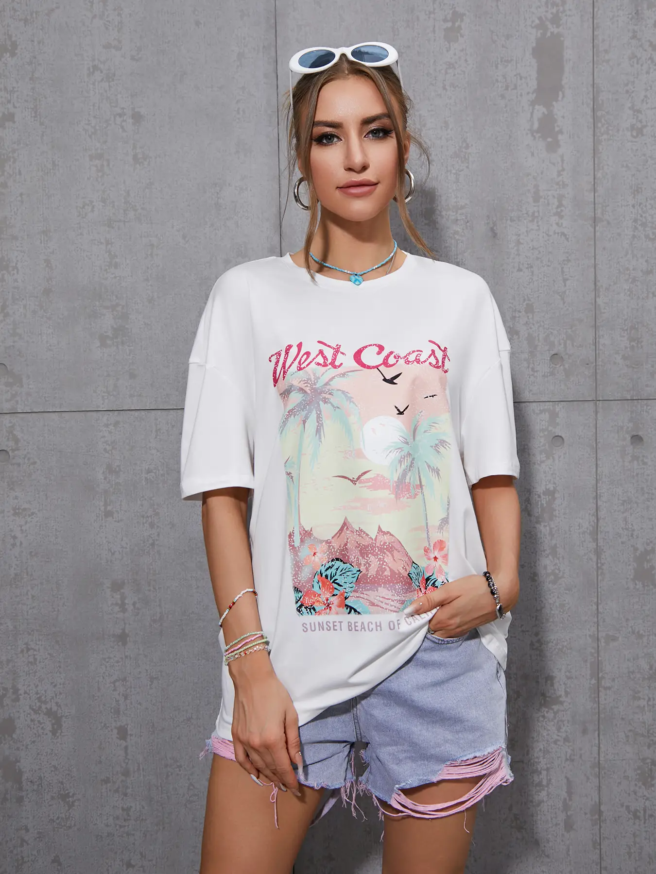 Elengatine Sunset Beach Letter Graphic Drop Shoulder Tee