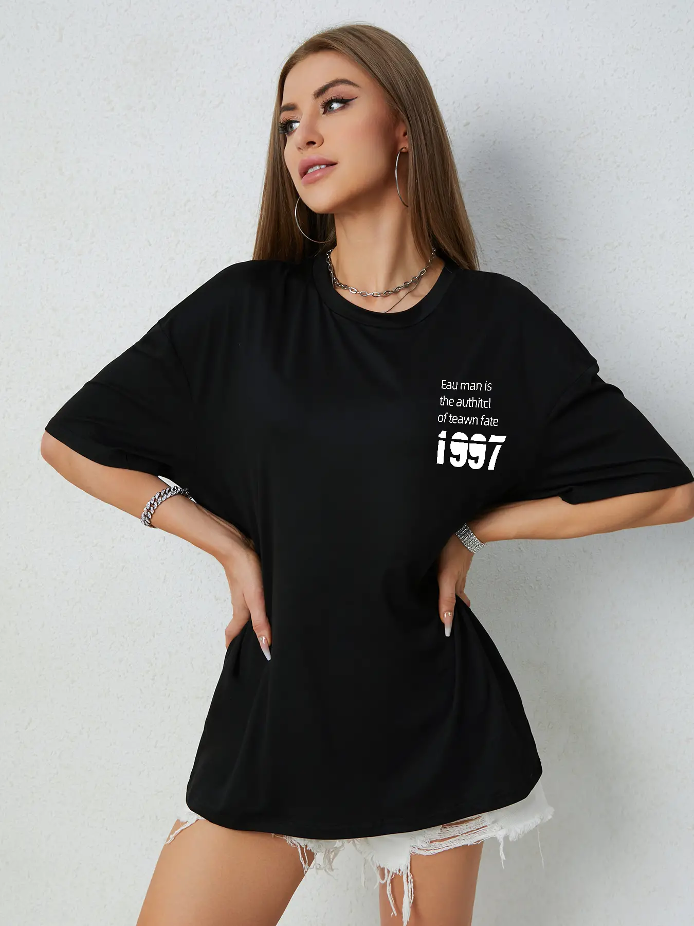 Elengatine Casual Oversized Drop Shoulder Letter Graphic Tee
