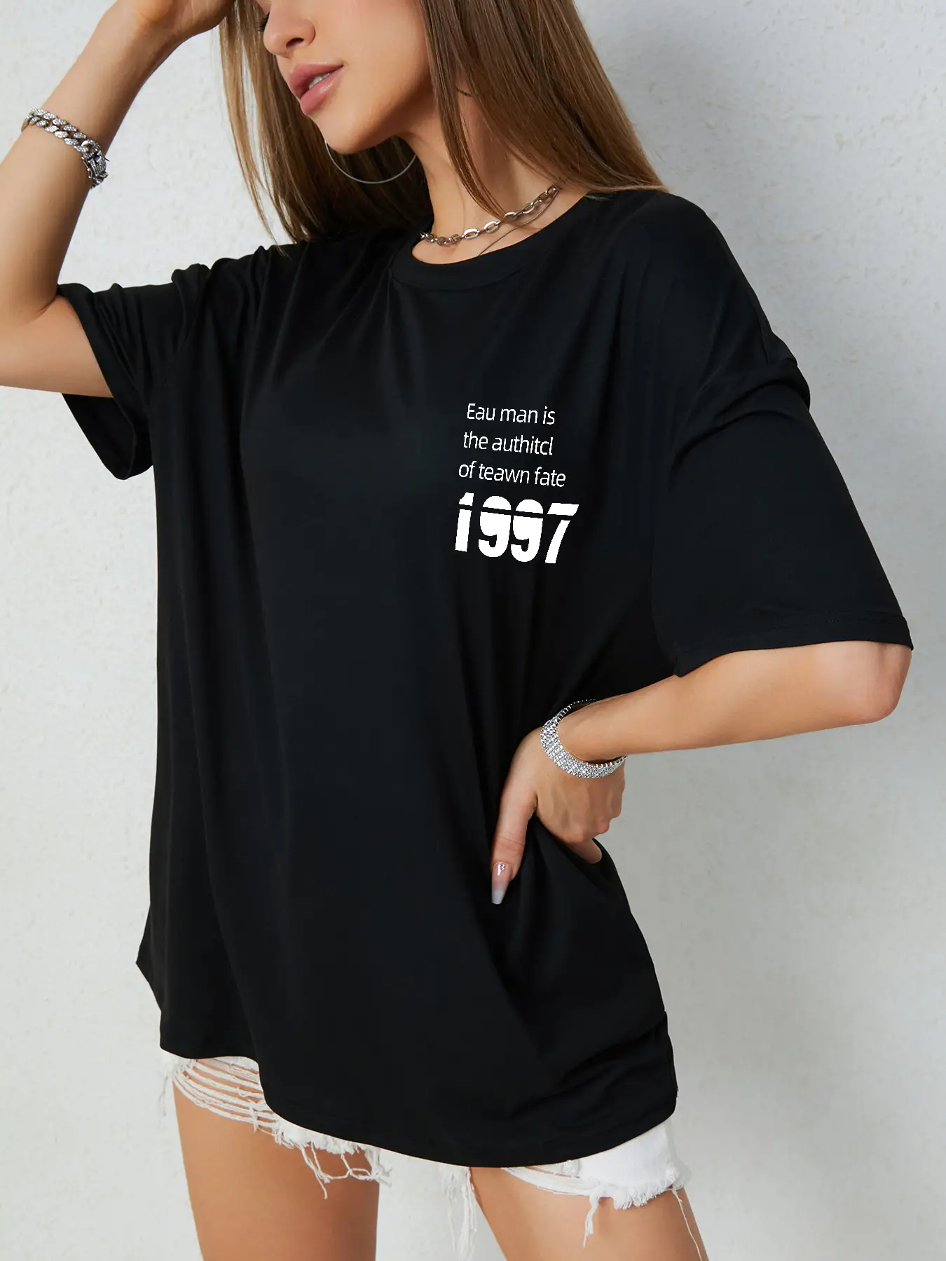 Elengatine Casual Oversized Drop Shoulder Letter Graphic Tee