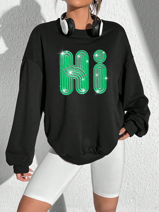 Elengatine Diamond Letter Graphic Thermal Lined Sweatshirt Hoodies