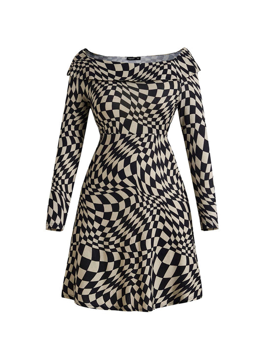 Elengatine Plus Abstract Pattern Off Shoulder A-line Dress