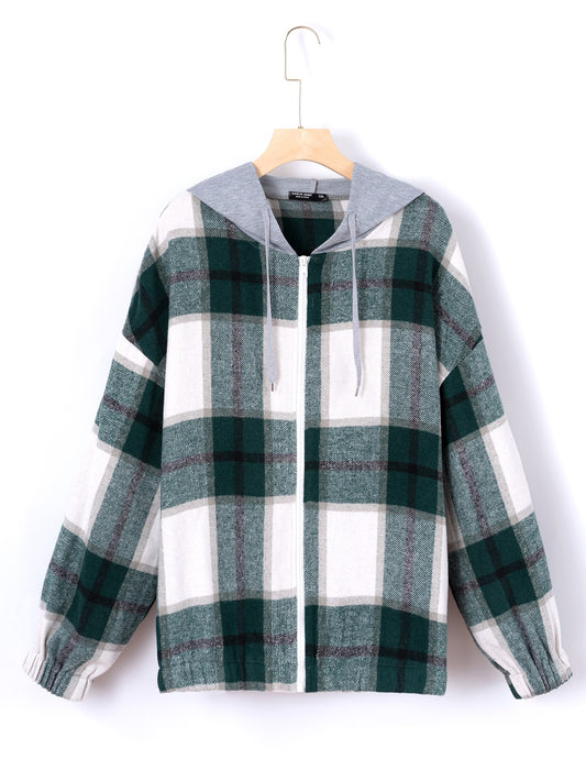 Elengatine Plaid Print Drop Shoulder Zip up Hooded Coat