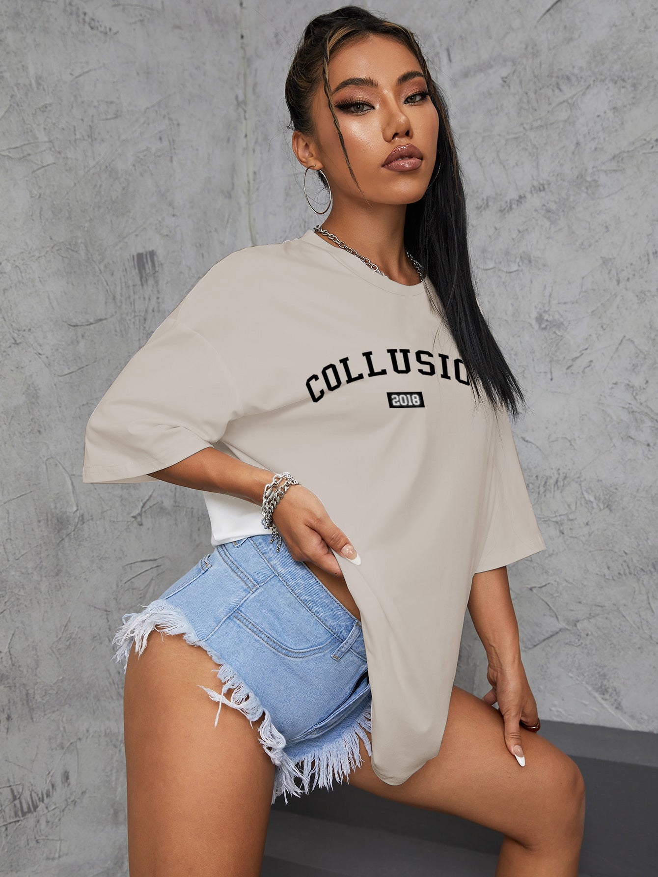 Elengatine COLLUSION Letter Graphic Printing Drop Shoulder Tee