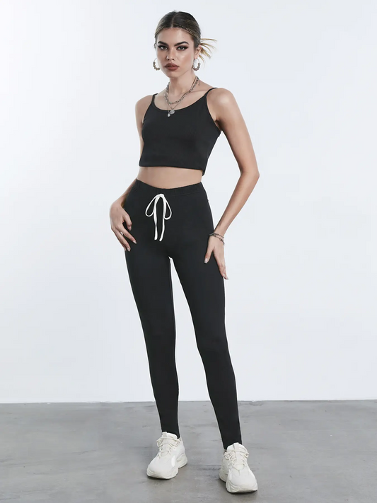 Elengatine Solid Knot Front Leggings Black