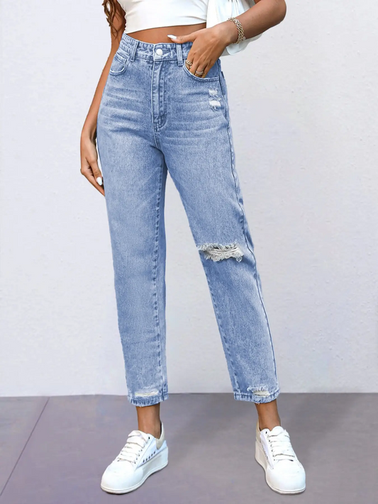 Elengatine High Waist Straight Leg Ripped Jeans