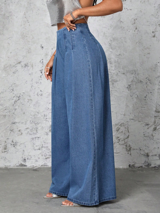 Elengatine Pleated Wide Leg High Waist Denim Jeans For Women BXD0048