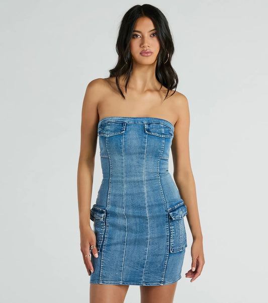 Elengatine Strapless Straight Neck Front No-slip Strip Cargo Denim Dress BTN002