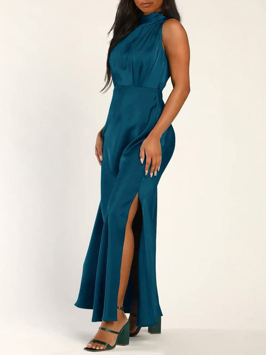 Solid color stand up collar sleeveless women's dress