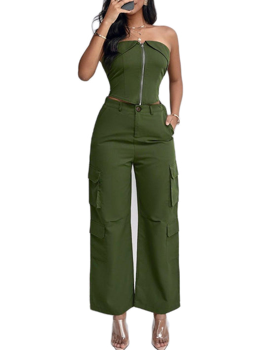 Two piece set of plain strapless top and women's pants