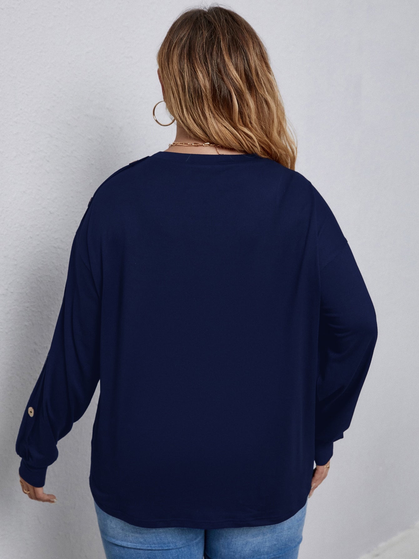 Elengatine Plus Solid Navy Blue Button Top