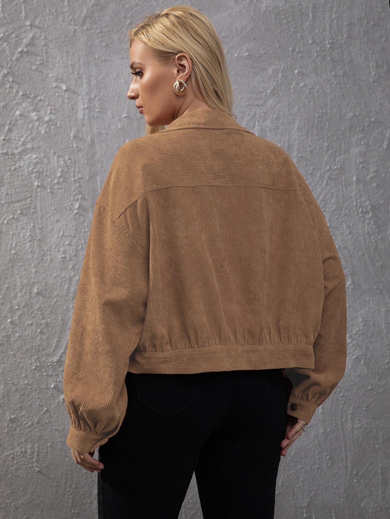 Elengatine Plus Drop Shoulder Flap Detail Corduroy Jacket