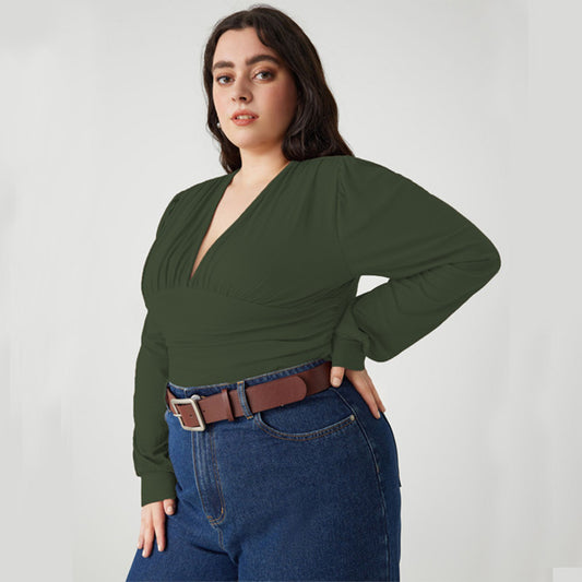 Elengatine Plus Size Long-sleeved Green Top V-neck Fashion