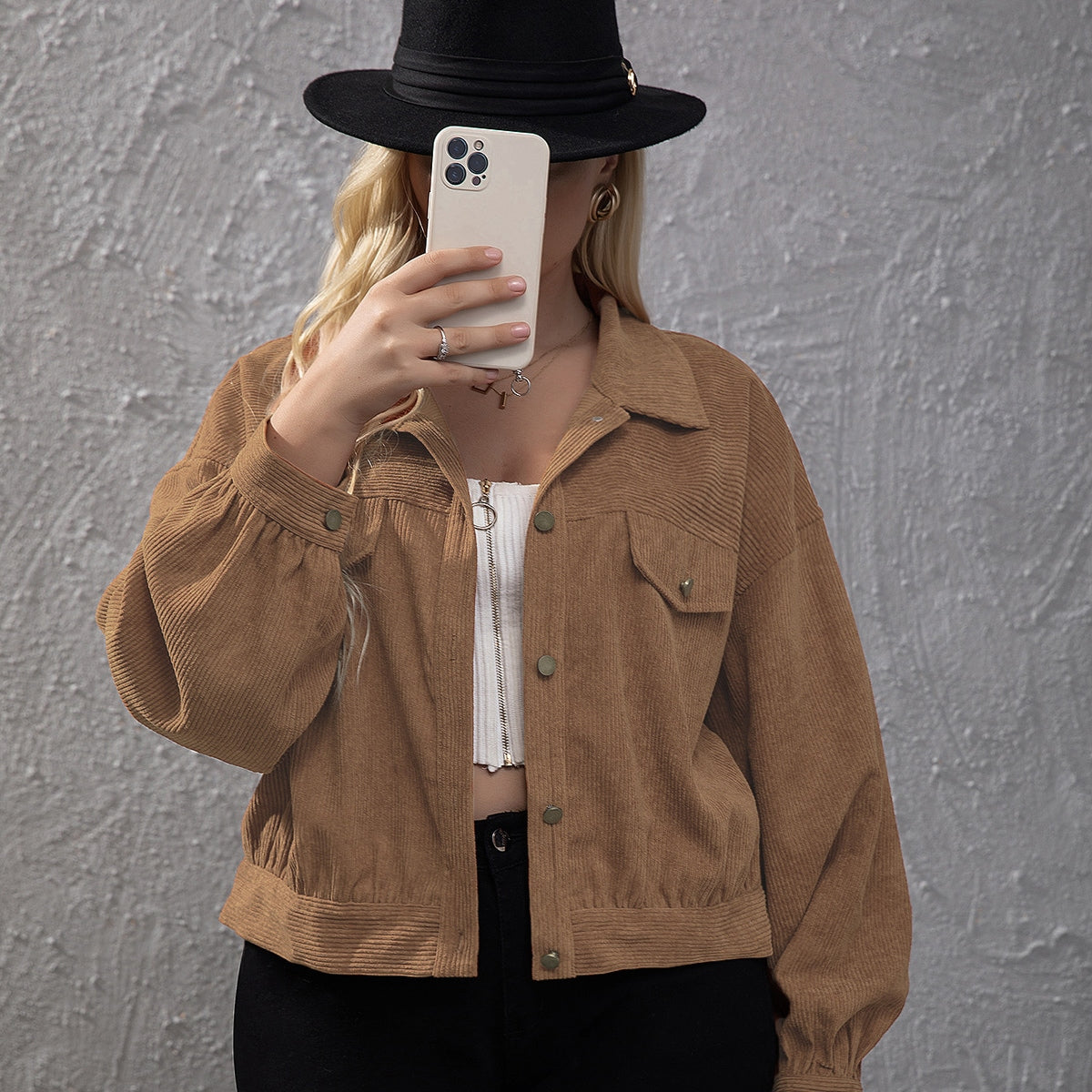 Elengatine Plus Drop Shoulder Flap Detail Corduroy Jacket