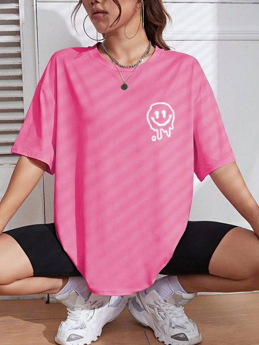 Elengatine Barbie Pink Smile Printing Oversized Drop Shoulder Tee