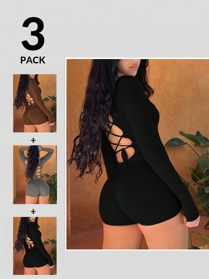 Elengatine 3 PACK Backless Sexy Bodysuit,Back Strapped Cutout Tight All-in-one Jumpsuit,Tummy Control and Butt Lifting Daily Essentials Outfit for Hot Girls,Fashion Women's WearBXD0025