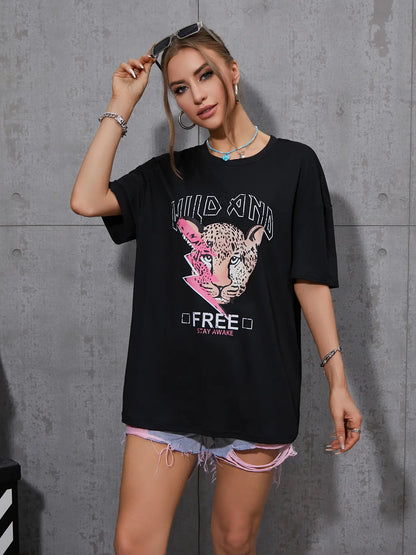 Elengatine Cheetah Graphic Printing Drop Shoulder Tee