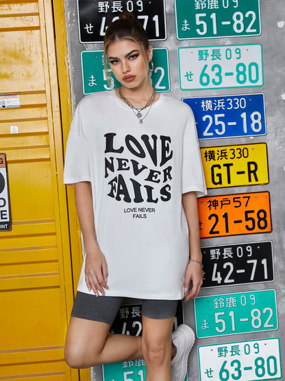 Elengatine Letters Graphic Printing Causal Drop Shoulder Tee