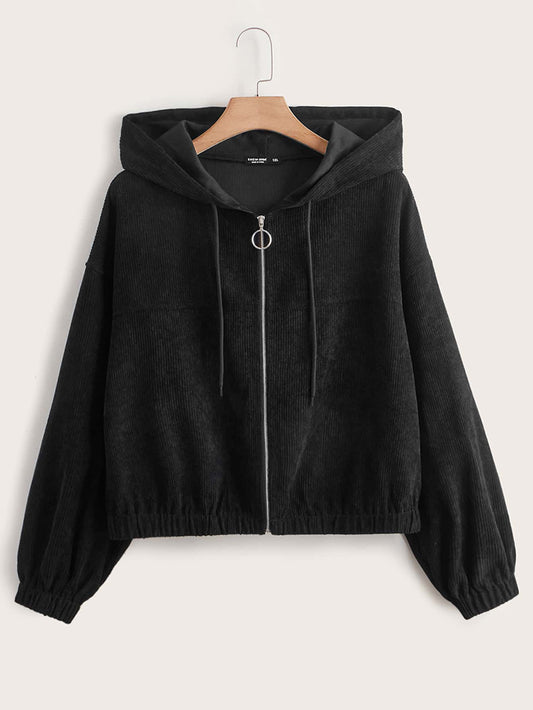 Elengatine Plus Causal Drop Shoulder Zip Up Hooded Corduroy Jacket