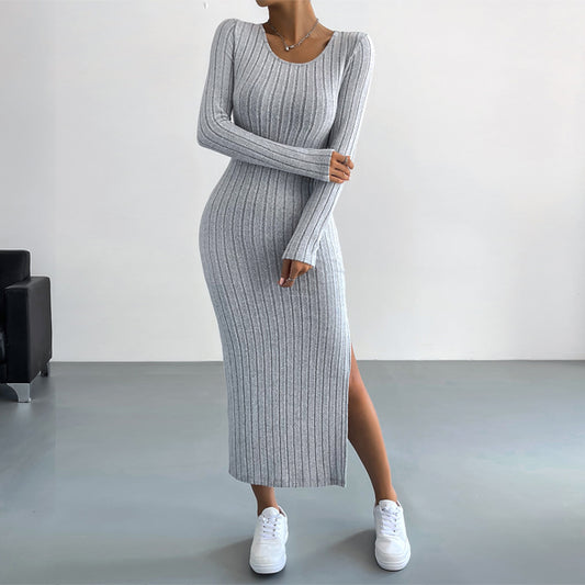 Elengatine Women Causal Long-Sleeved Dress Grey Cozy Fashion