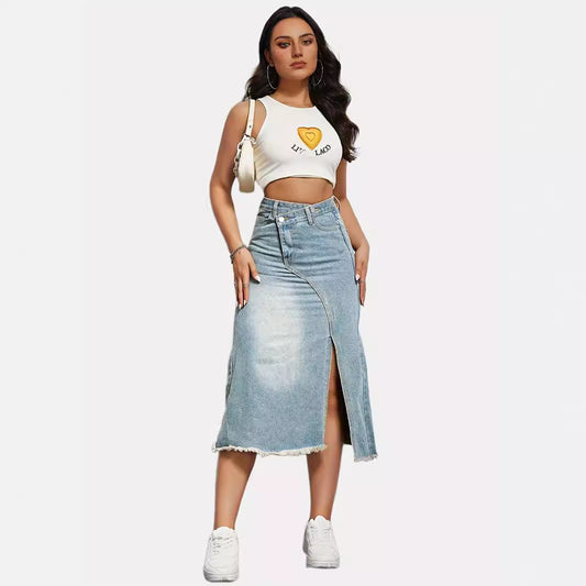 Elengatine Vintage Denim Skirt,Women's Fashionable Slit Stitching Mid-length A-line Skirt,Women's Skirt D2644#A4-2