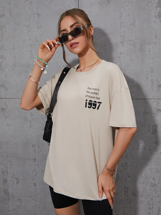 Elengatine Casual Oversized Drop Shoulder Letter Graphic Tee