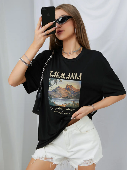 Elengatine landscape painting Letter Graphic Drop Shoulder Tee