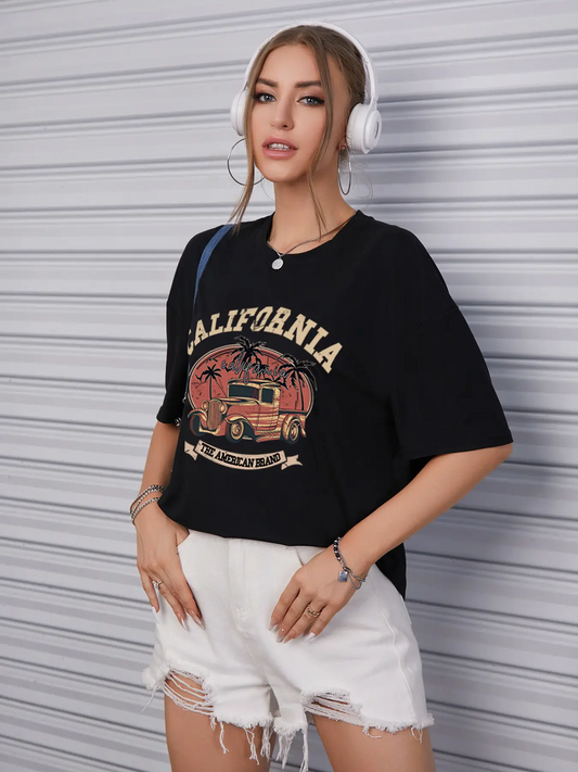 Elengatine Car&Letter Graphic Printing Drop Shoulder Tee