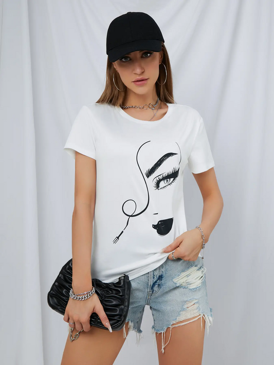 Elengatine Drop Shoulder Beautiful Women Face Tee