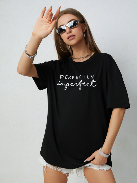 Elengatine Casual Black Drop Shoulder Letter Graphic Tee