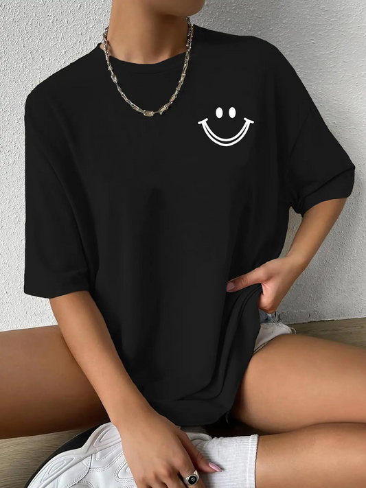 Elengatine Smile Face Printing Oversized Drop shoulder Tee